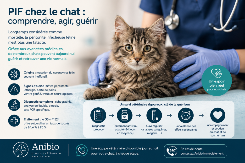 Infographie vétérinaire auscultation chat péritonite infectieuse féline, un article sur pif chat écrit par anibio.