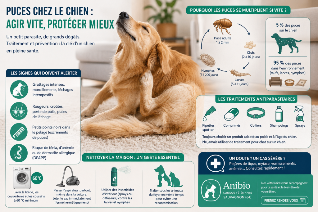 Infographie symptômes traitements chien se gratte, un article sur puces chien écrit par anibio.