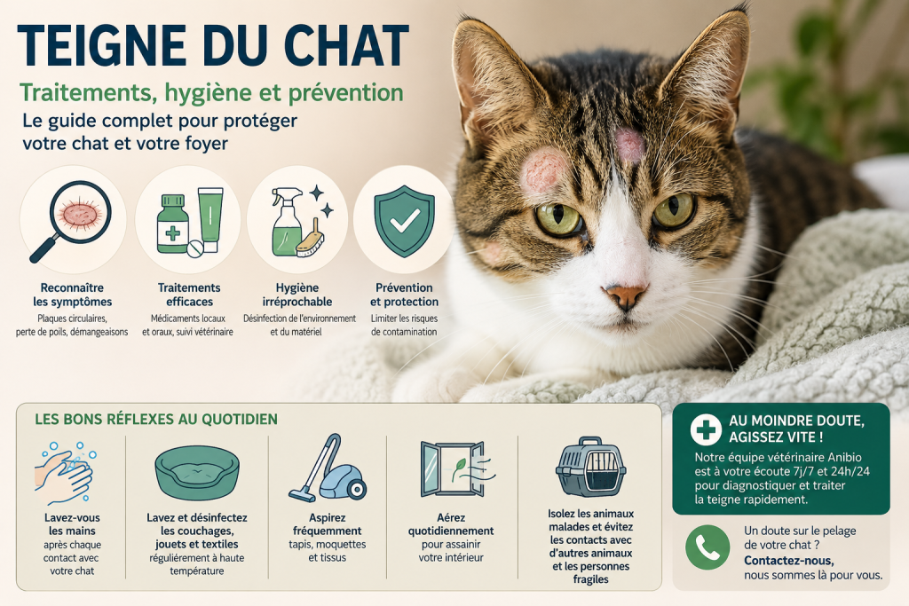 Infographie symptômes traitements hygiène prévention chat lésions, un article sur teigne chat écrit par anibio.