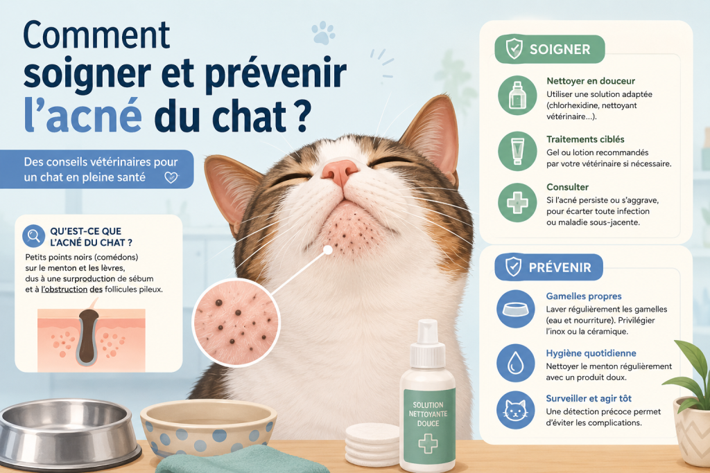 Infographie soins prévention points noirs menton chat, un article sur acné du chat écrit par anibio.