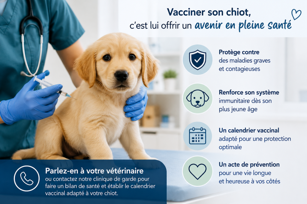 Infographie vétérinaire vaccin chiot, un article sur vacciner un chiot écrit par anibio.