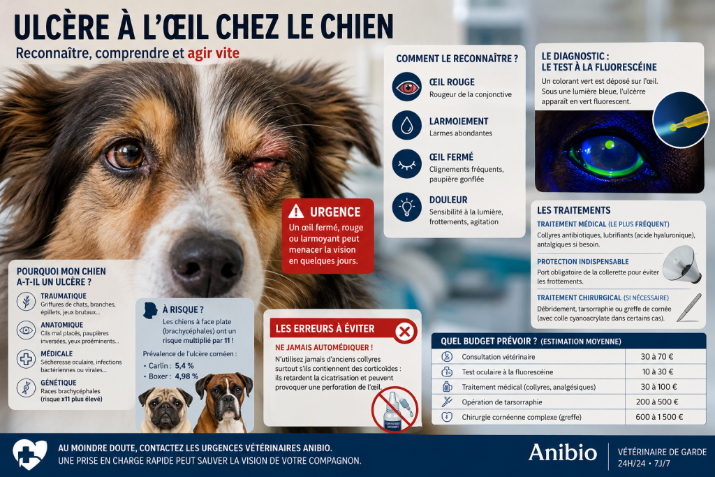 Infographie symptômes traitements chien oeil rouge, un article sur ulcère oeil chien écrit par anibio.
