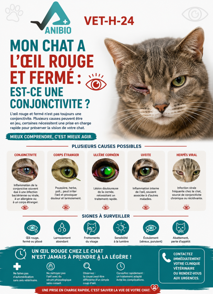 Infographie chat œil rouge fermé causes symptômes, un article sur conjonctivite chat écrit par Anibio.