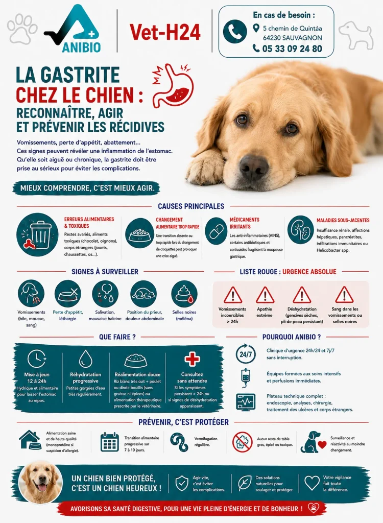 Infographie causes symptômes prévention, un article sur gastrite chien écrit par Anibio.